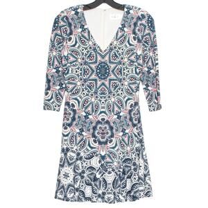 Eliza J Paisley Medallion Boho Dress 3/4 Sleeve Blue Cottage Office Casual Sz 0P